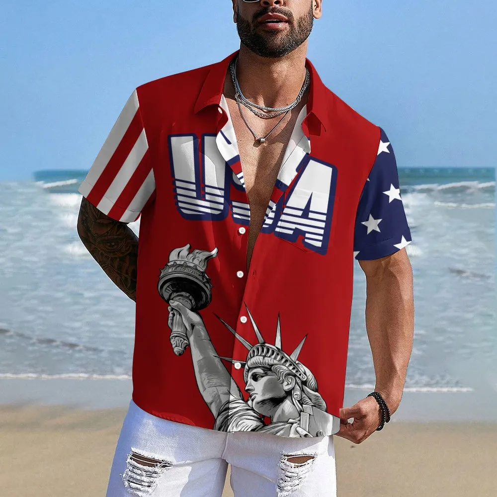 Men's Independence Day Flag Pattern Print Shirt 2406000118