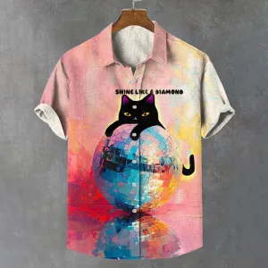 Men's Shine Like a Diamond Cat Disco Abstract Oil Painting Print Shirt