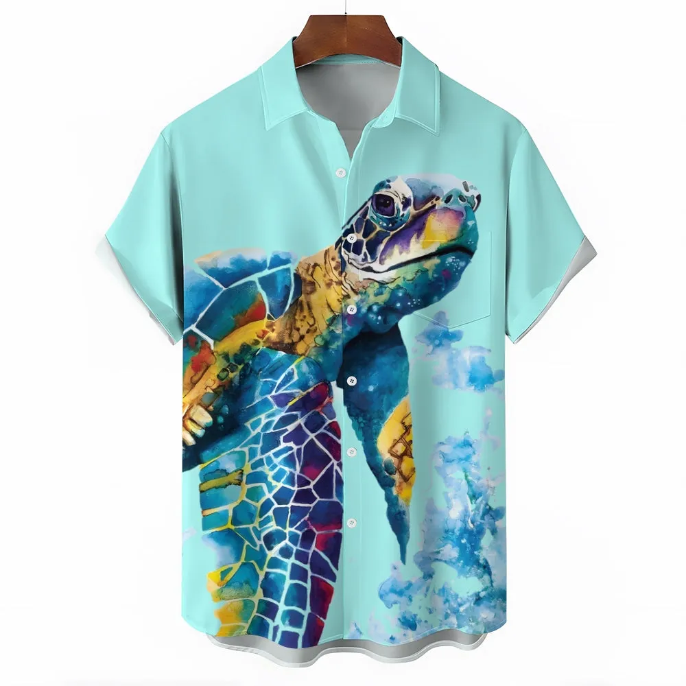 Men's Watercolor Art Turtle Casual Short Sleeve Shirt 2403000810