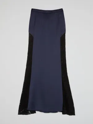 Navy Lace Panel Flared Maxi Skirt