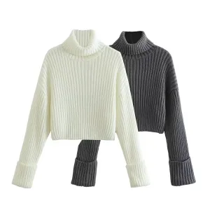 New Fall/Winter Slim Fit Women's Ribbed Turtleneck Knit Sweater, Fashionable and Warm Solid Color Pullover S-240804-26