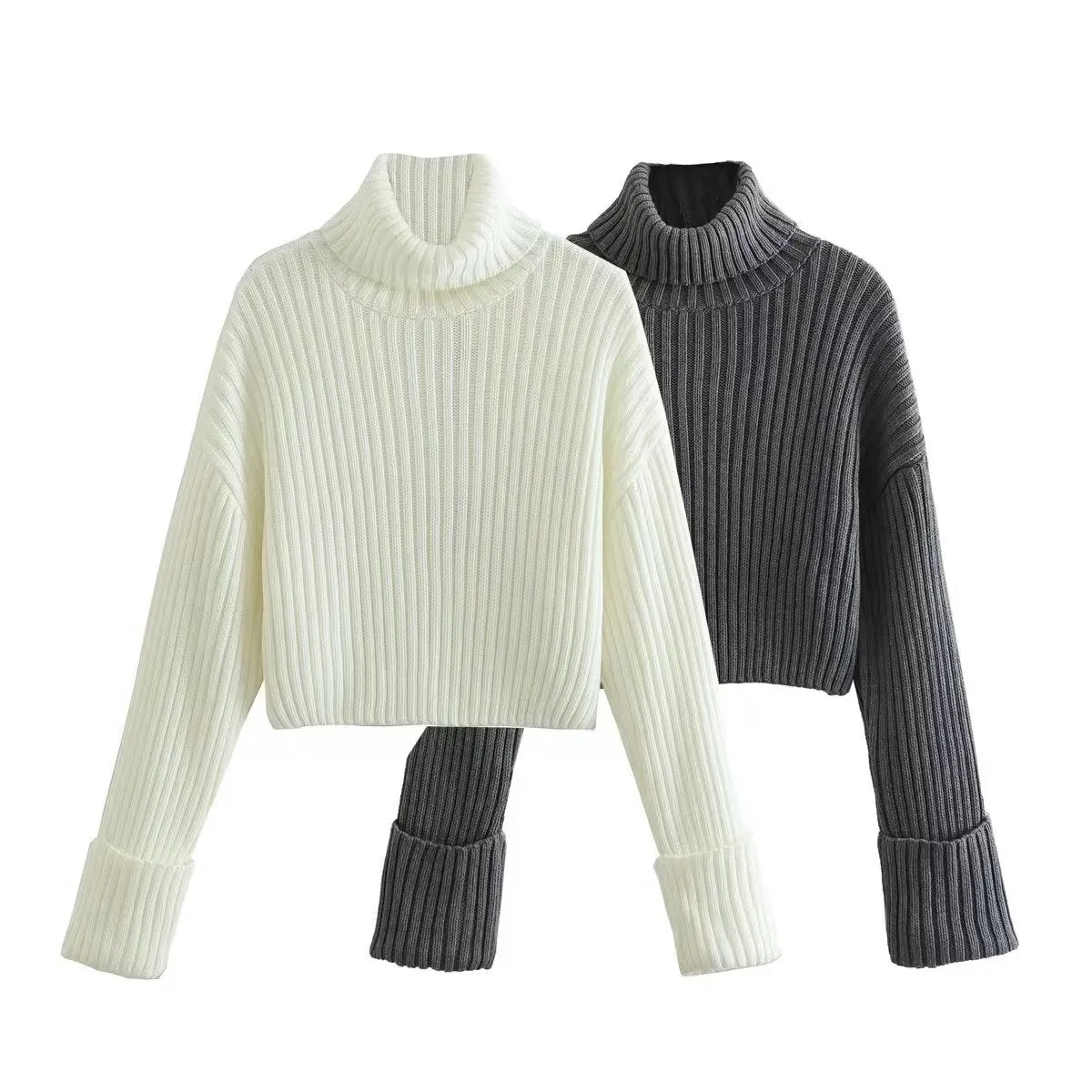 New Fall/Winter Slim Fit Women's Ribbed Turtleneck Knit Sweater, Fashionable and Warm Solid Color Pullover S-240804-26