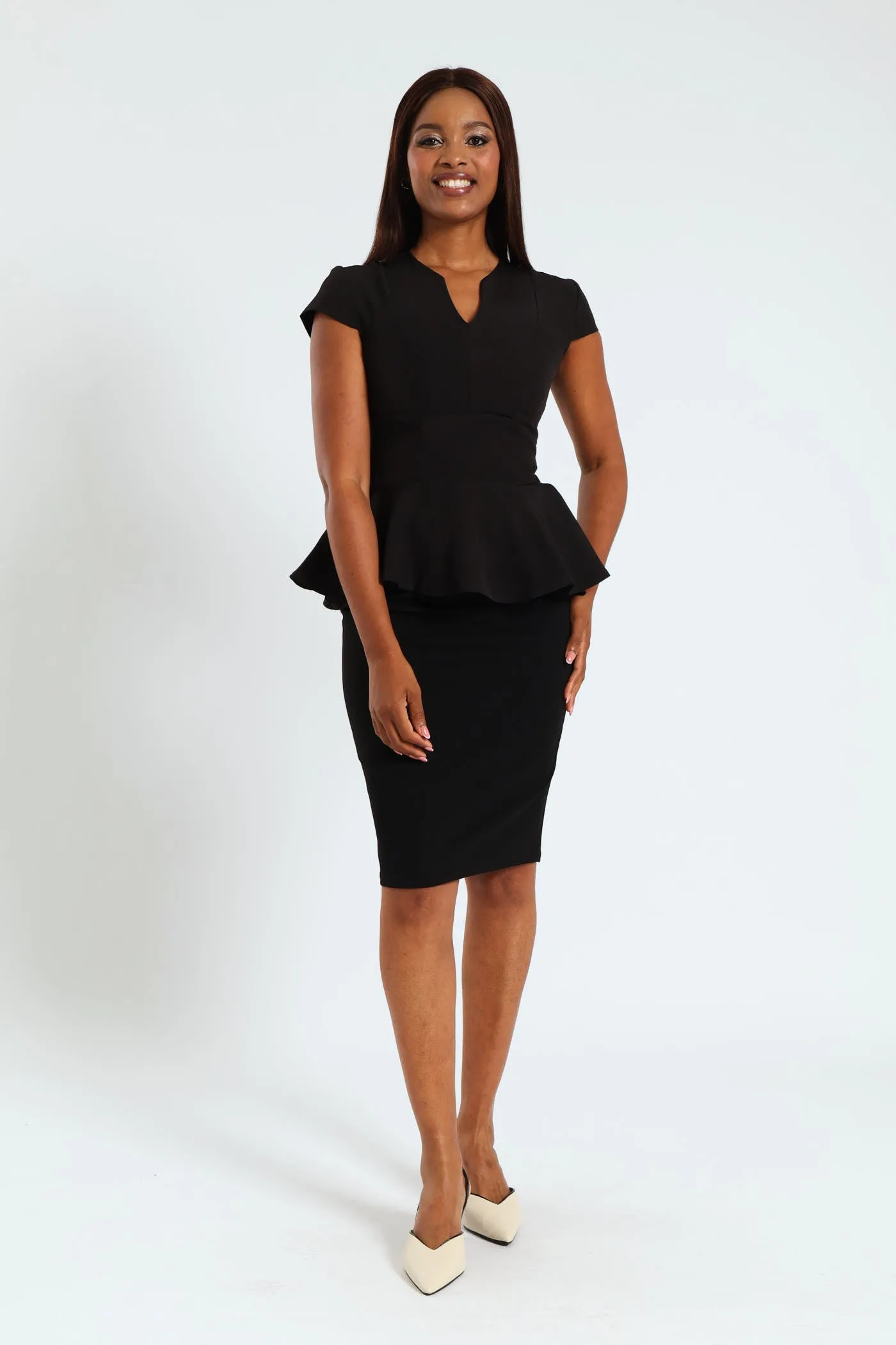 Notch Neck Peplum Work Blouse - Black