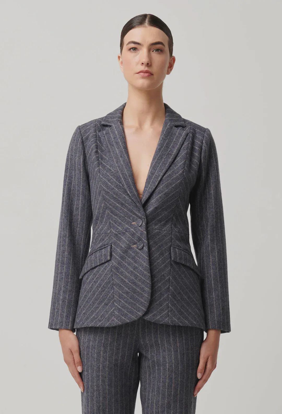 Oaklyn Chevron Stripe Ponte Blazer in Bluestone Stripe