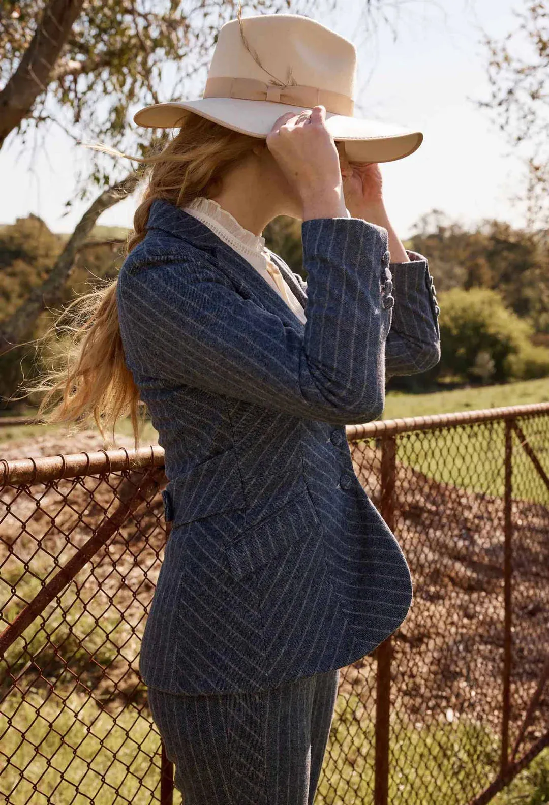Oaklyn Chevron Stripe Ponte Blazer in Bluestone Stripe
