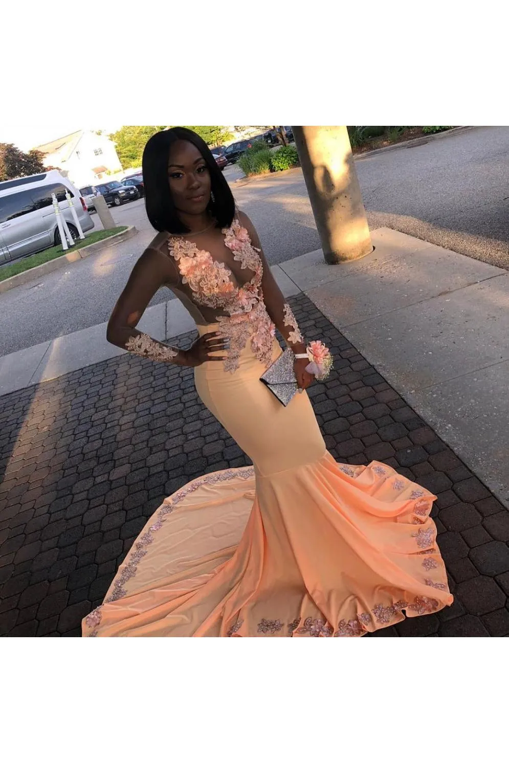 Orange Sheer Tulle Flower Appliques Long-Sleeves Mermaid Prom Dresses