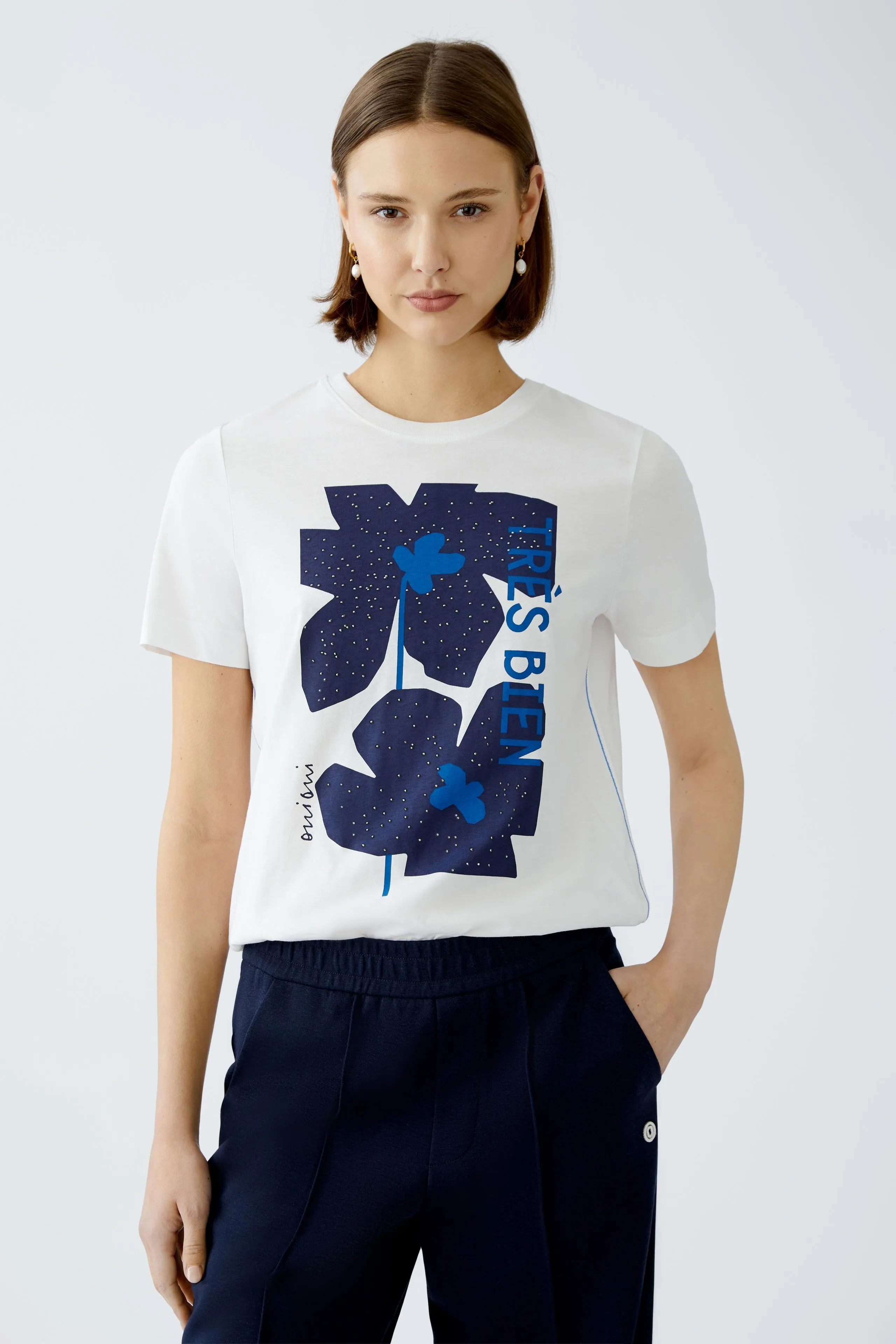 Oui White T-shirt With Blue Flower Motif