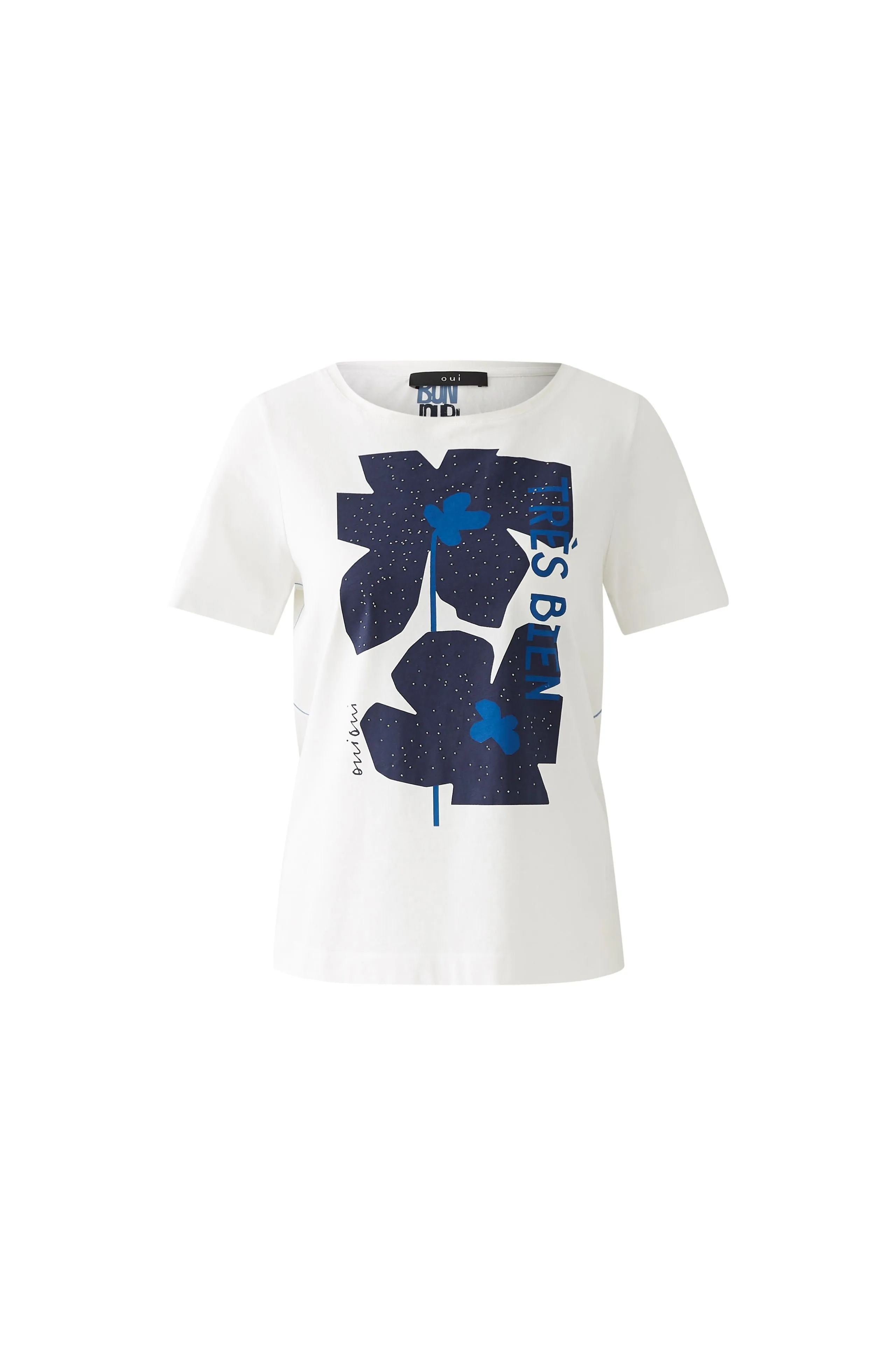Oui White T-shirt With Blue Flower Motif
