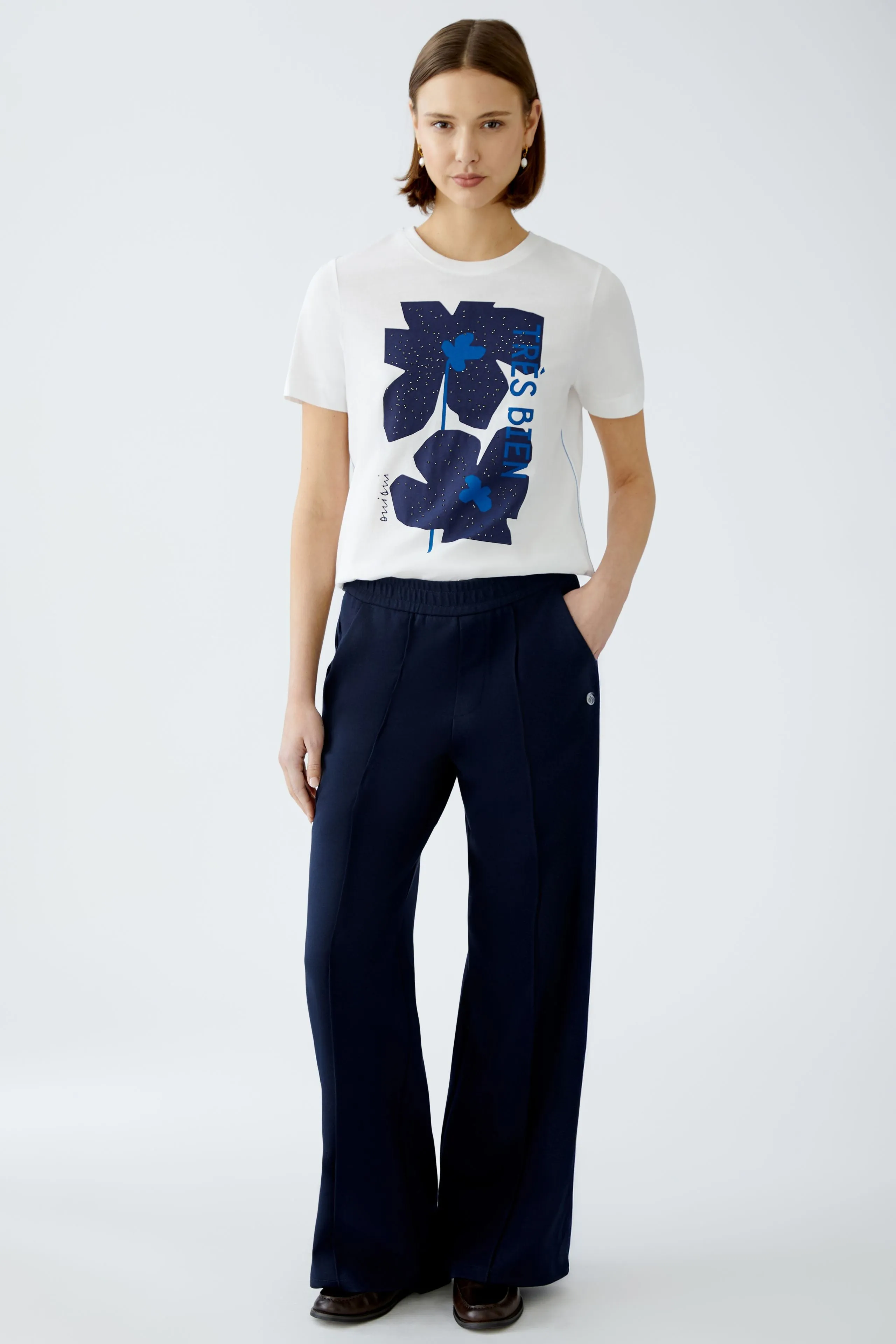 Oui White T-shirt With Blue Flower Motif