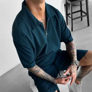 OVERSIZE TEXTURED ZIPPER POLO T-SHIRT - RAIN FOREST