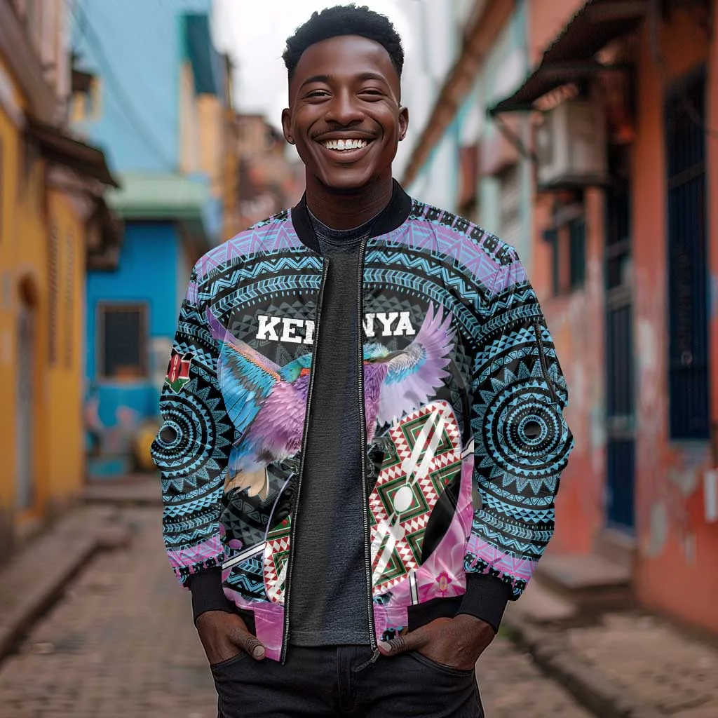 Personalised Kenya Lilac Breasted Roller Sleeve Zip Bomber Jacket Orchid Flower - African Pattern LT15