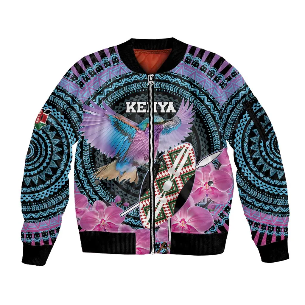Personalised Kenya Lilac Breasted Roller Sleeve Zip Bomber Jacket Orchid Flower - African Pattern LT15