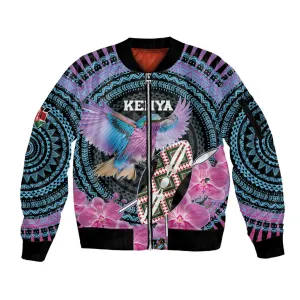Personalised Kenya Lilac Breasted Roller Sleeve Zip Bomber Jacket Orchid Flower - African Pattern LT15