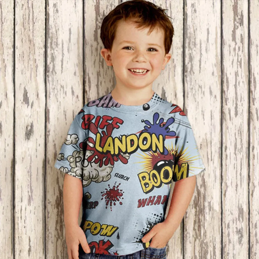 Personalized Boom Pow Comic Shirt, Boys Personalized Superhero Birthday Top, Childrens Clothing