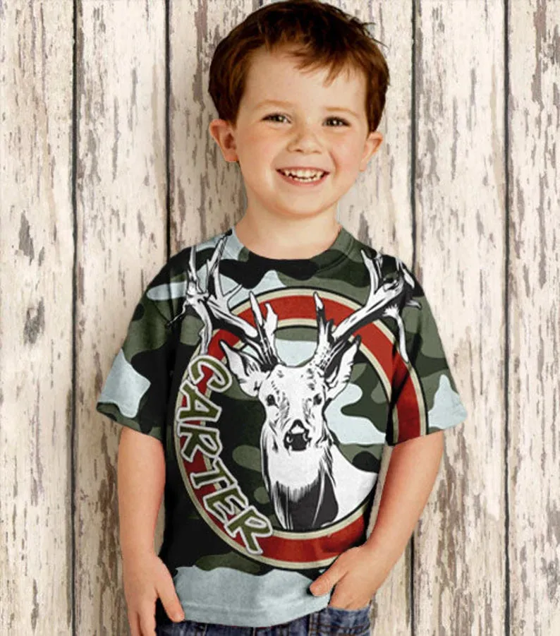Personalized Camouflage Shirt, Personalized Deer Antlers Boys T-shirt Top