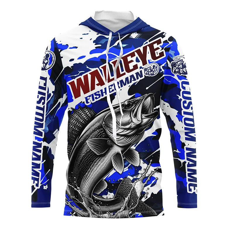 Personalized Walleye Fisherman Long Sleeve Fishing Shirt, Red White And Blue Camo Fishing Jerseys IPHW6458