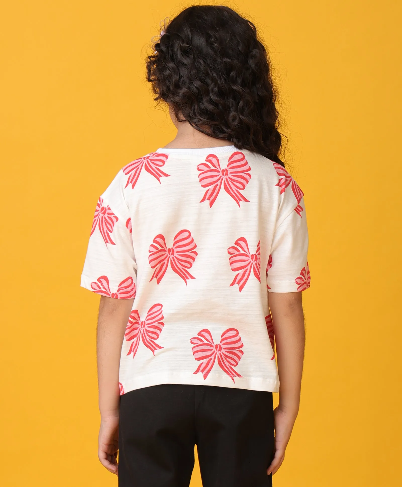 PINK BOW SHORT SLEEVES SUMMER T-SHIRT - WHITE