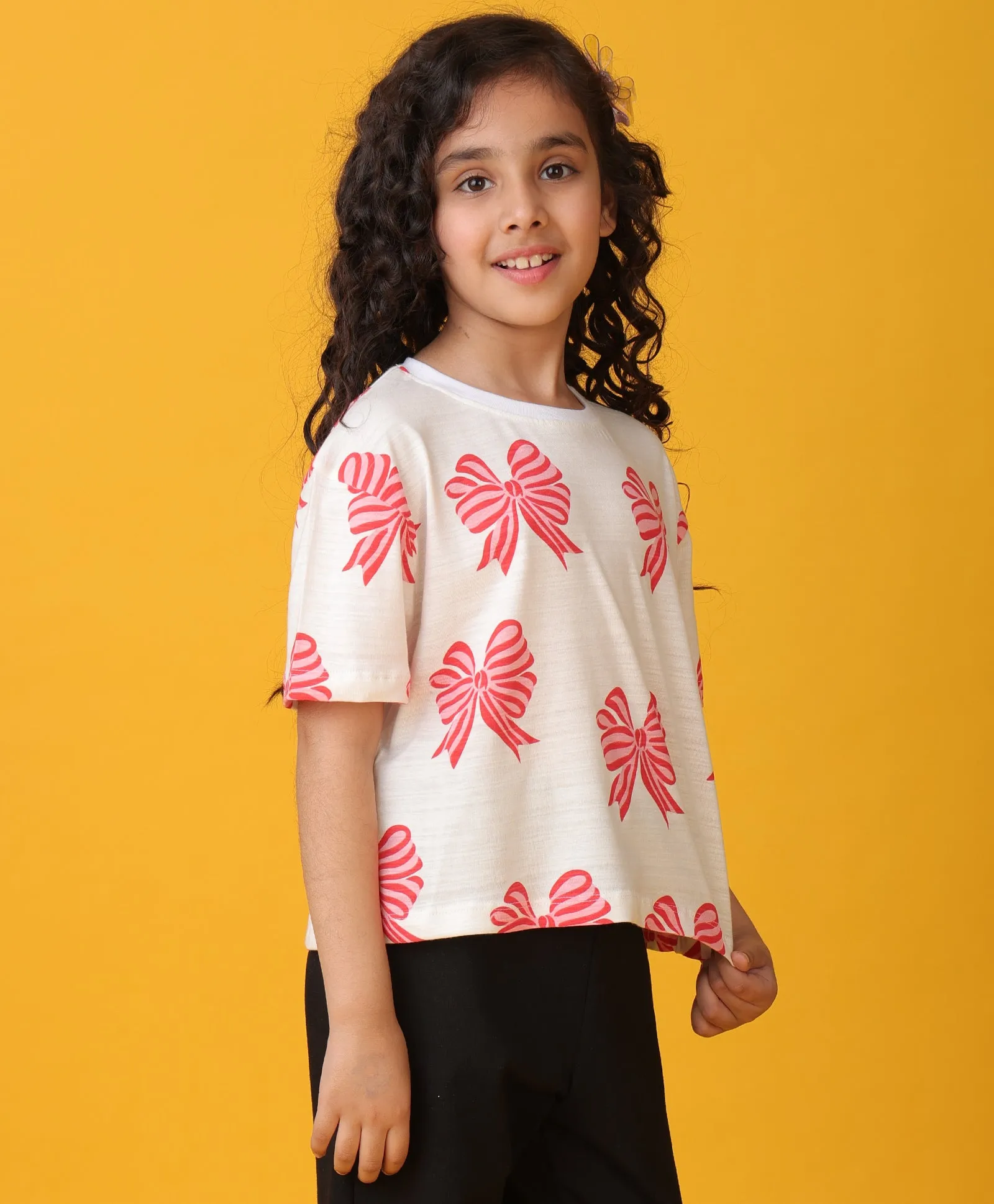 PINK BOW SHORT SLEEVES SUMMER T-SHIRT - WHITE