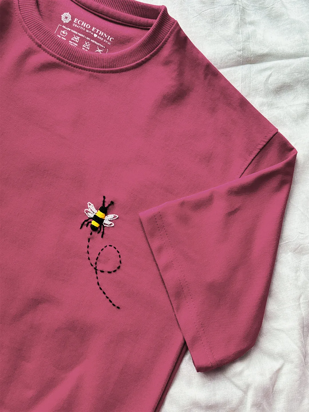 Pink - Unisex Hand Embroidered Oversize T-Shirt
