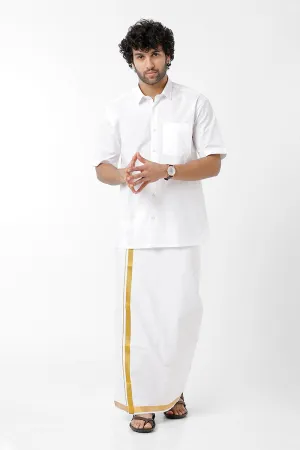 Premium - White Shirt And Fancy Gold Jari Double Layered Dhoti Set For Men | Uathayam