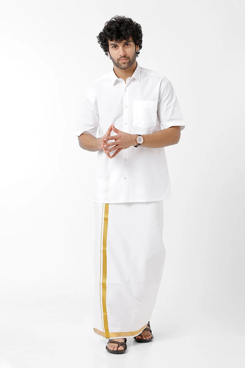 Premium - White Shirt And Fancy Gold Jari Double Layered Dhoti Set For Men | Uathayam
