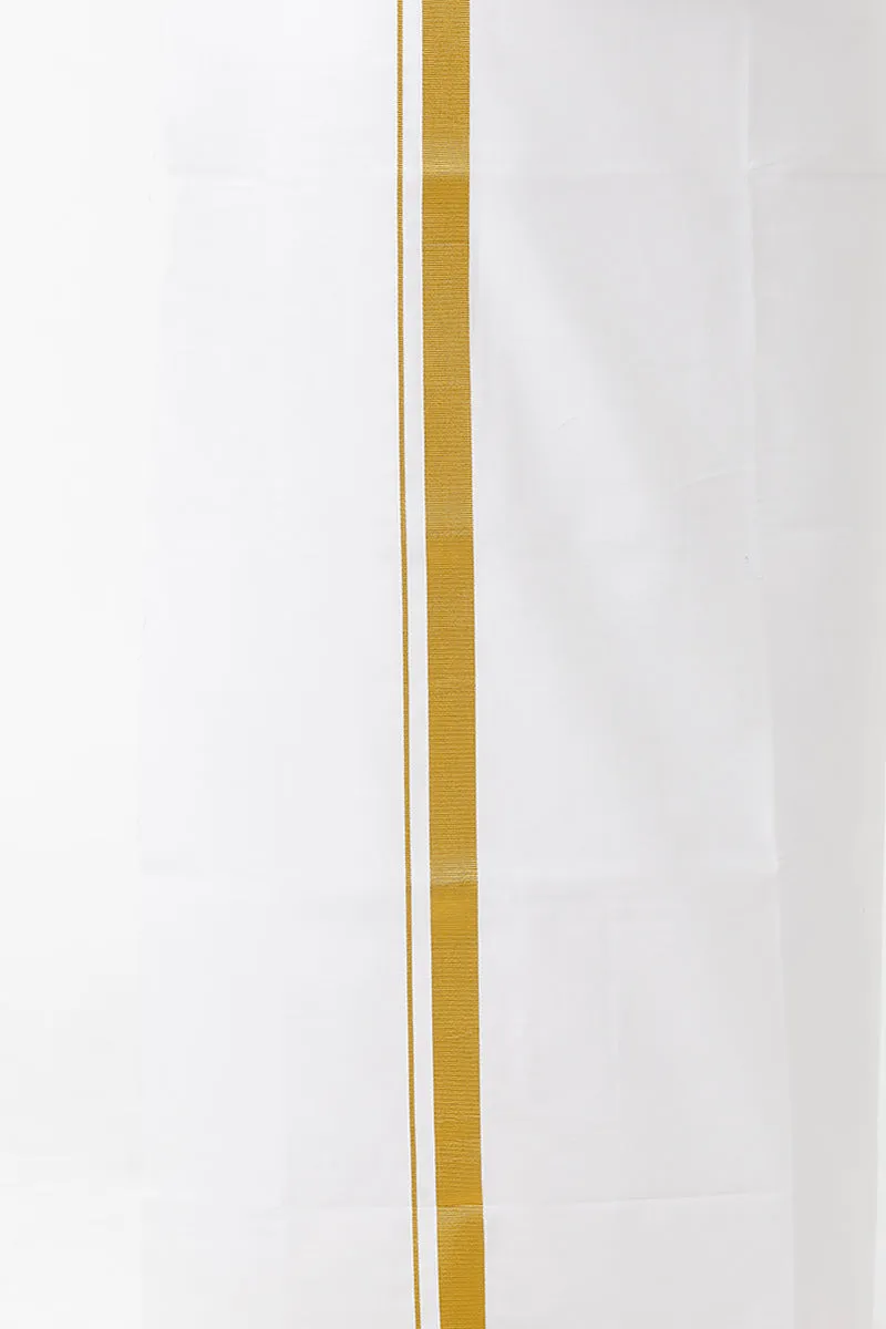 Premium - White Shirt And Fancy Gold Jari Double Layered Dhoti Set For Men | Uathayam