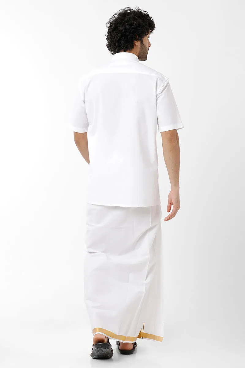 Premium - White Shirt And Fancy Gold Jari Double Layered Dhoti Set For Men | Uathayam