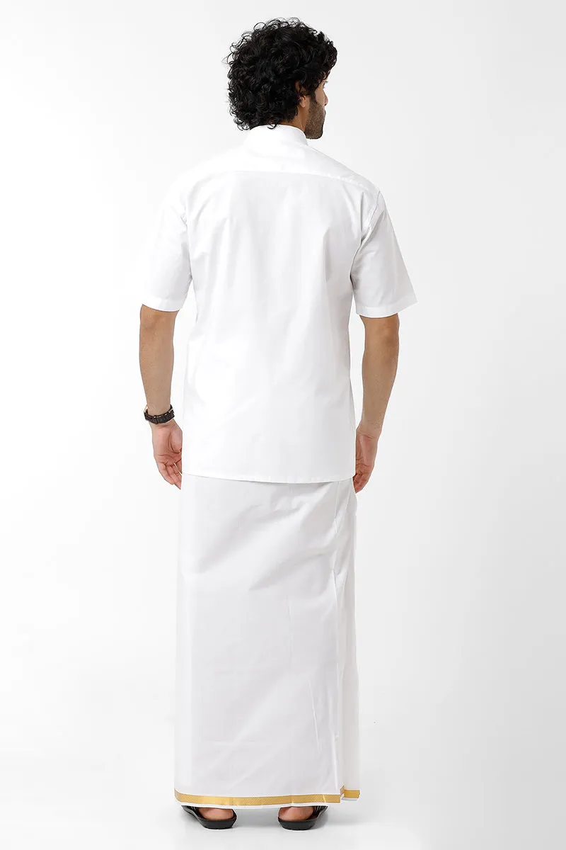 Premium - White Shirts And Lio Jari Fancy Double Layered Dhoti Set For Men | Uathayam