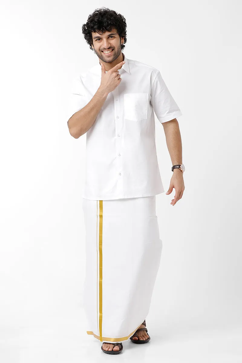 Premium - White Shirts And Lio Jari Fancy Double Layered Dhoti Set For Men | Uathayam
