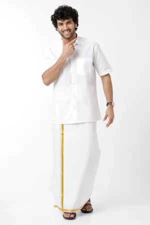Premium - White Shirts And Lio Jari Fancy Double Layered Dhoti Set For Men | Uathayam