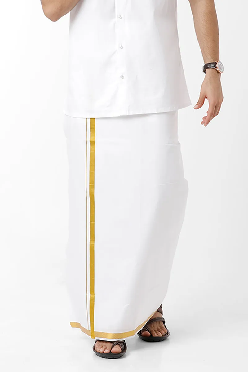Premium - White Shirts And Lio Jari Fancy Double Layered Dhoti Set For Men | Uathayam
