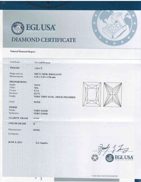 Princess cut Diamond EGL USA Certified 1.04ct H-VVS2