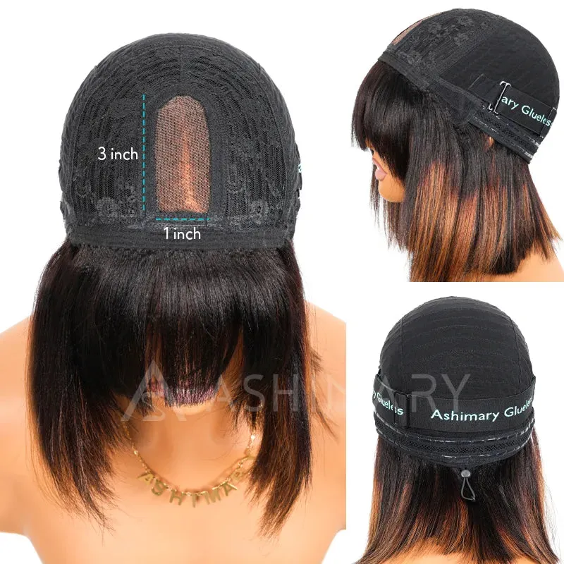 Put On and Go Black Brown Highlight Layered Cut Yaki Straight 3x1 Minimalist Lace Bob Wig With Bangs