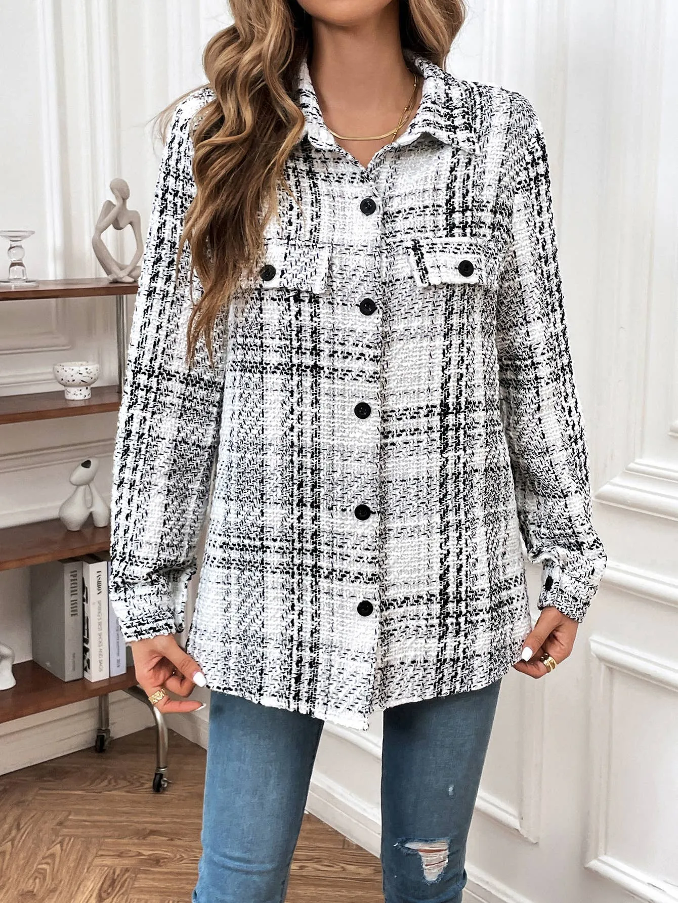 Retro plaid loose casual top jacket:
