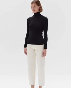 Rib Roll Neck Long Sleeve Tee Black