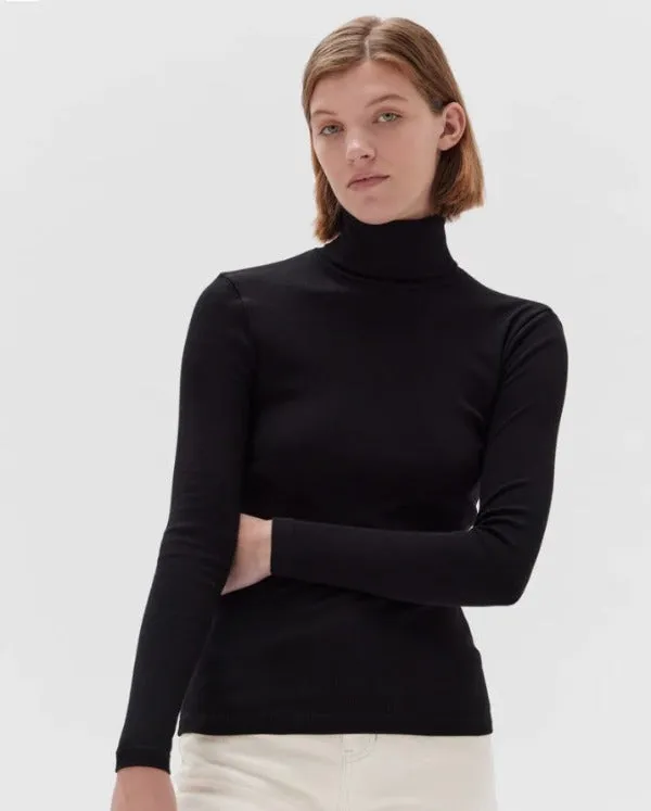 Rib Roll Neck Long Sleeve Tee Black