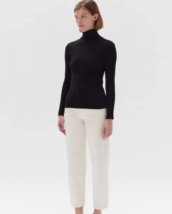 Rib Roll Neck Long Sleeve Tee Black