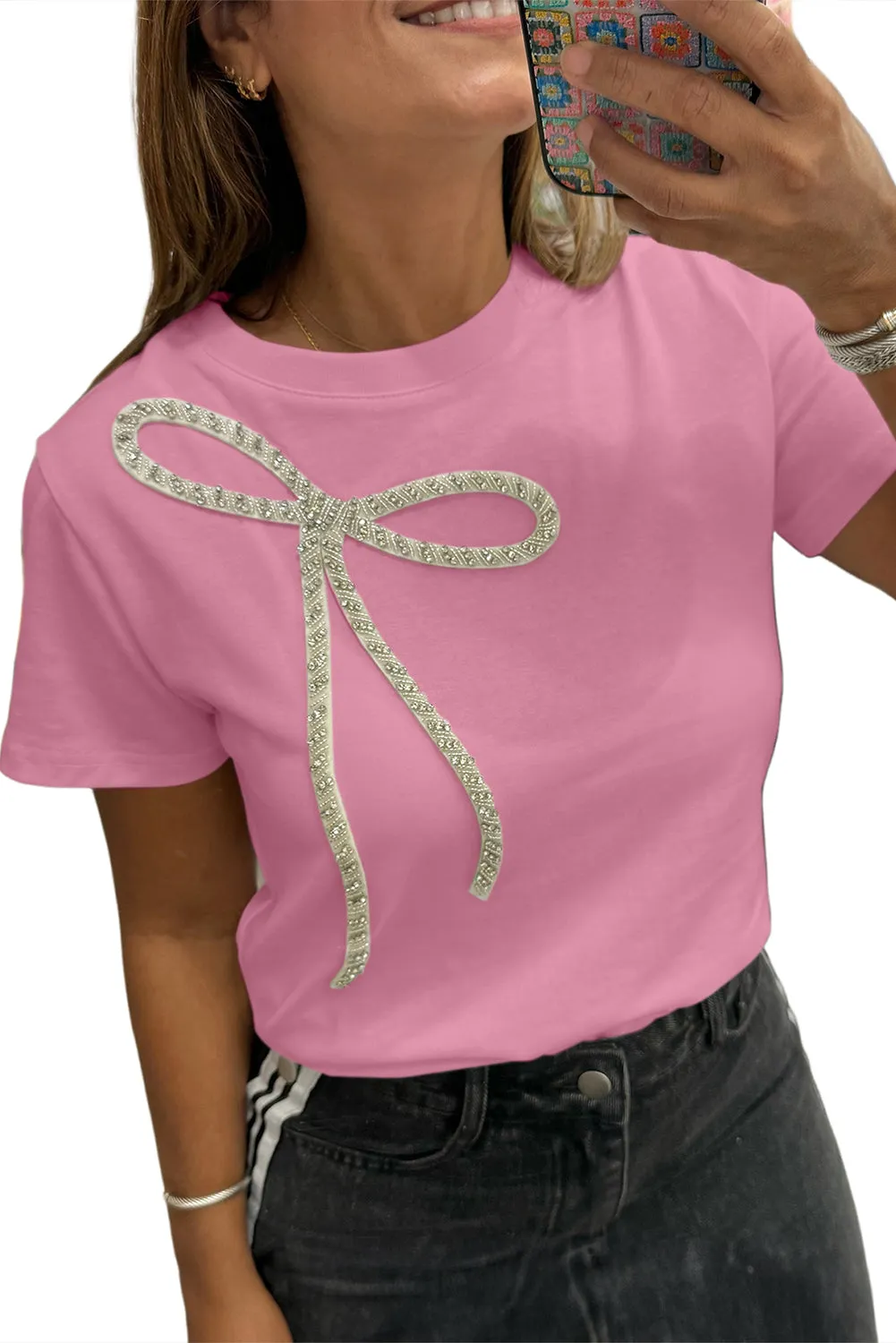 Sachet Pink Rhinestone Bow Embellished Round Neck Tee