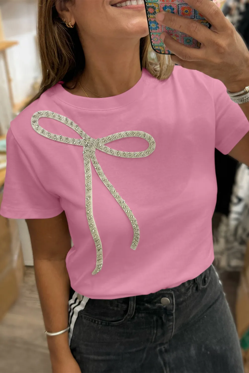 Sachet Pink Rhinestone Bow Embellished Round Neck Tee