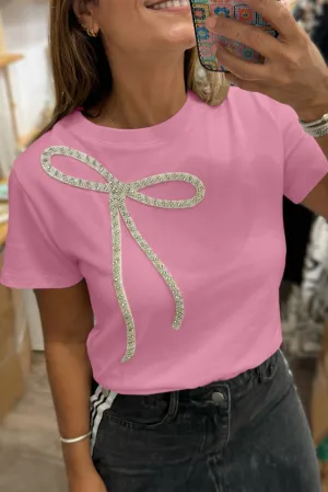 Sachet Pink Rhinestone Bow Embellished Round Neck Tee