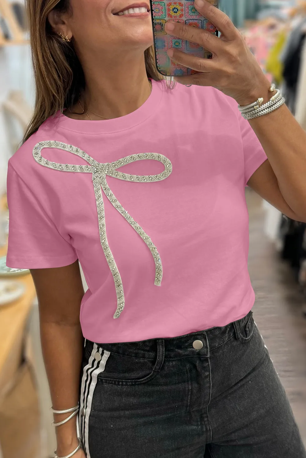 Sachet Pink Rhinestone Bow Embellished Round Neck Tee