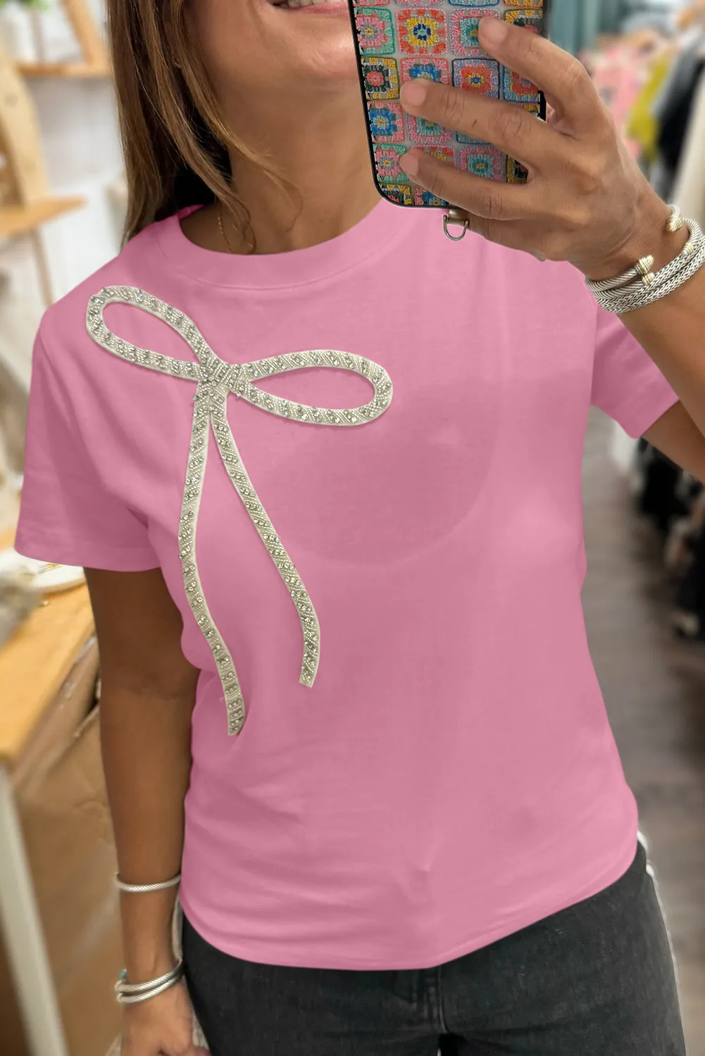 Sachet Pink Rhinestone Bow Embellished Round Neck Tee