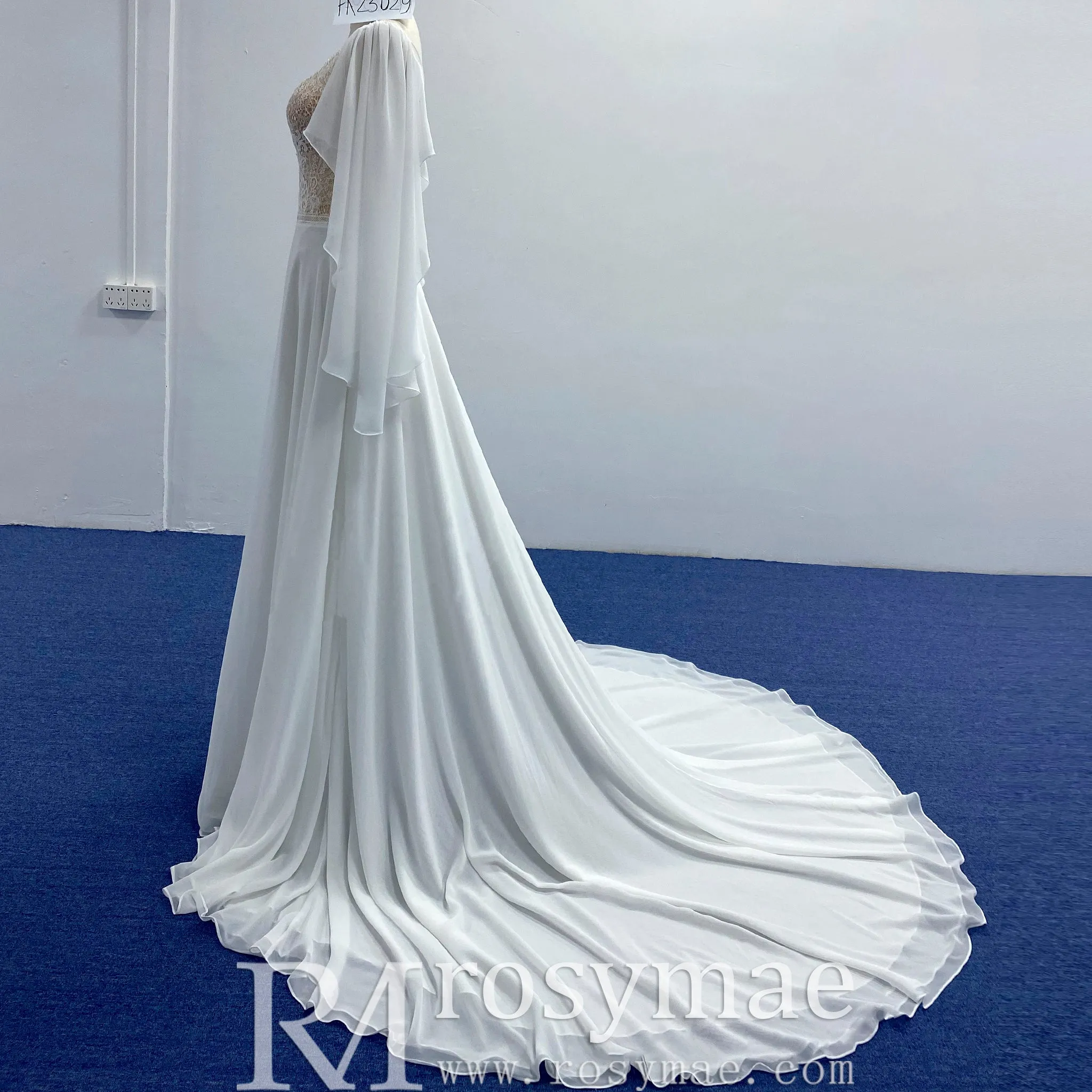 Scoop Neckline Chiffon A-line Wedding Dress with Flowy Sleeve