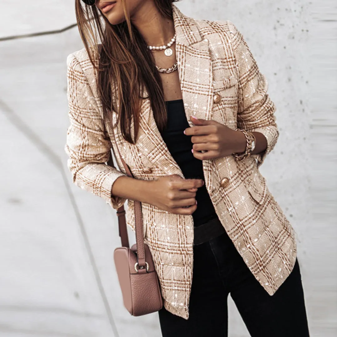 Sela - elegant checked blazer with button fastening and pockets for women
