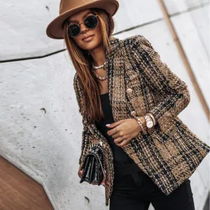 Sela - elegant checked blazer with button fastening and pockets for women