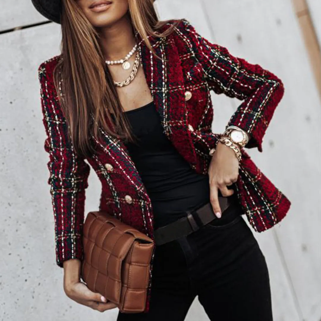 Sela - elegant checked blazer with button fastening and pockets for women