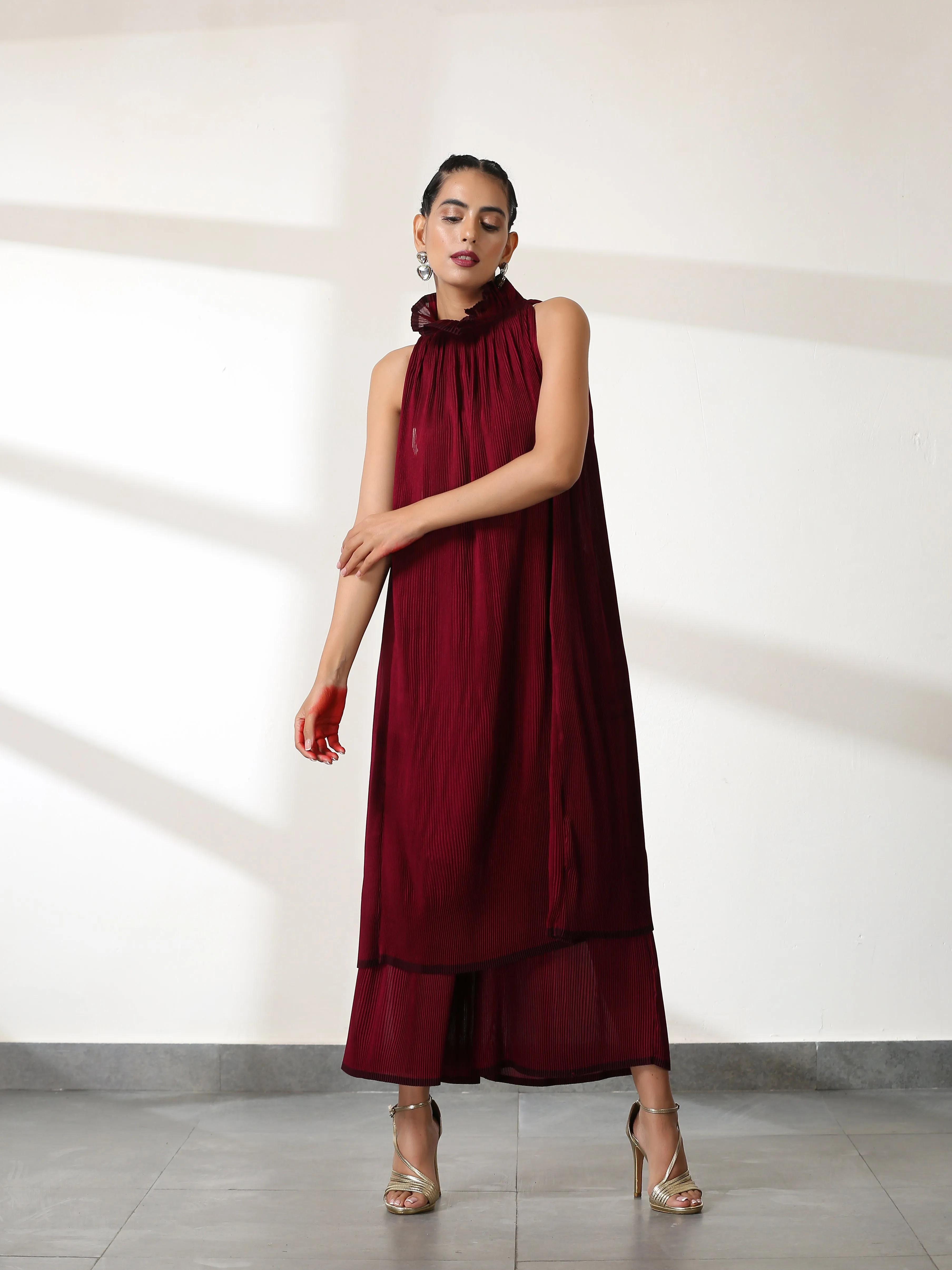 SET - Ruff Maroon Dual Colour Pleated Top & Bottom- 2pc set