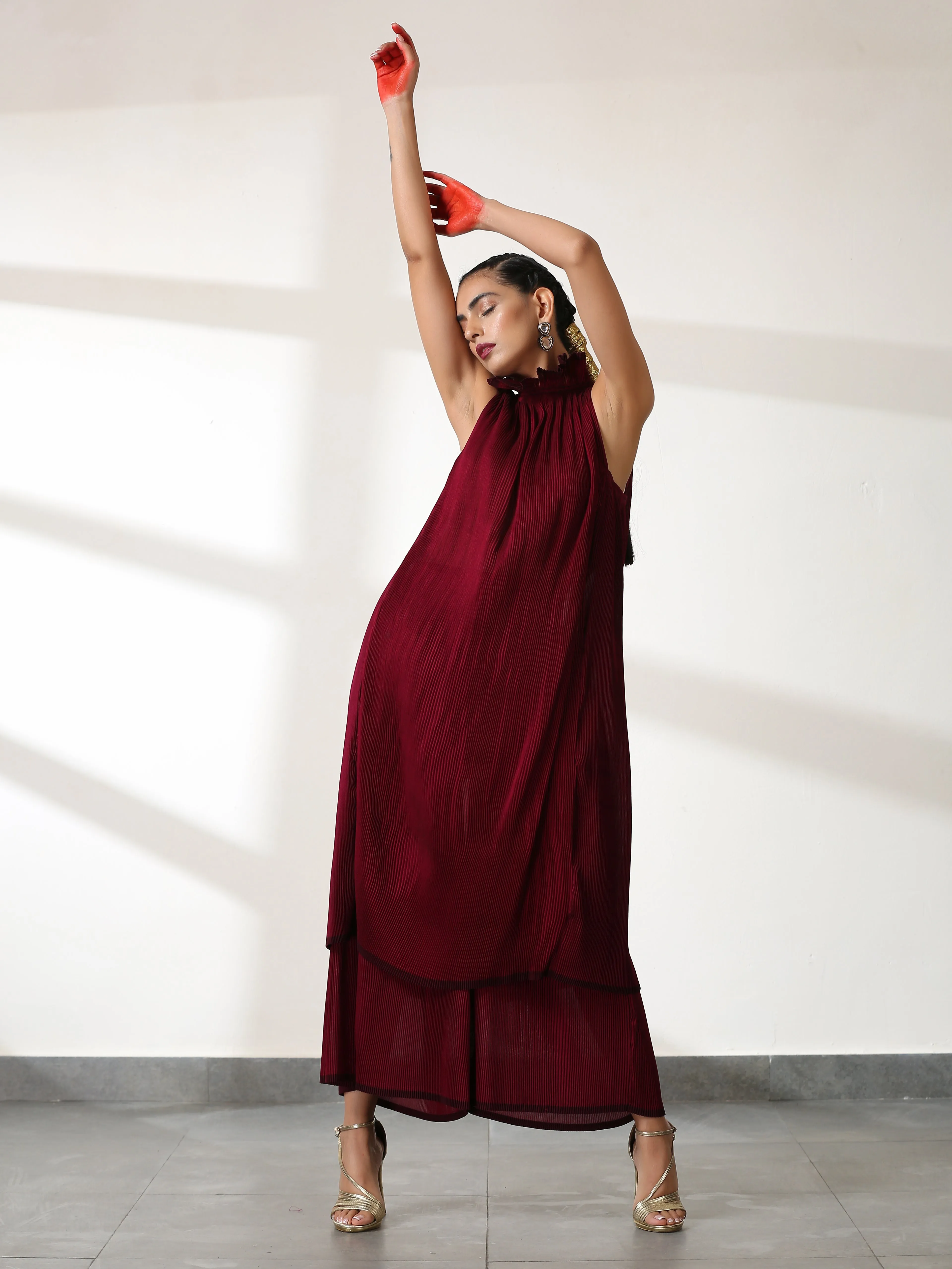SET - Ruff Maroon Dual Colour Pleated Top & Bottom- 2pc set