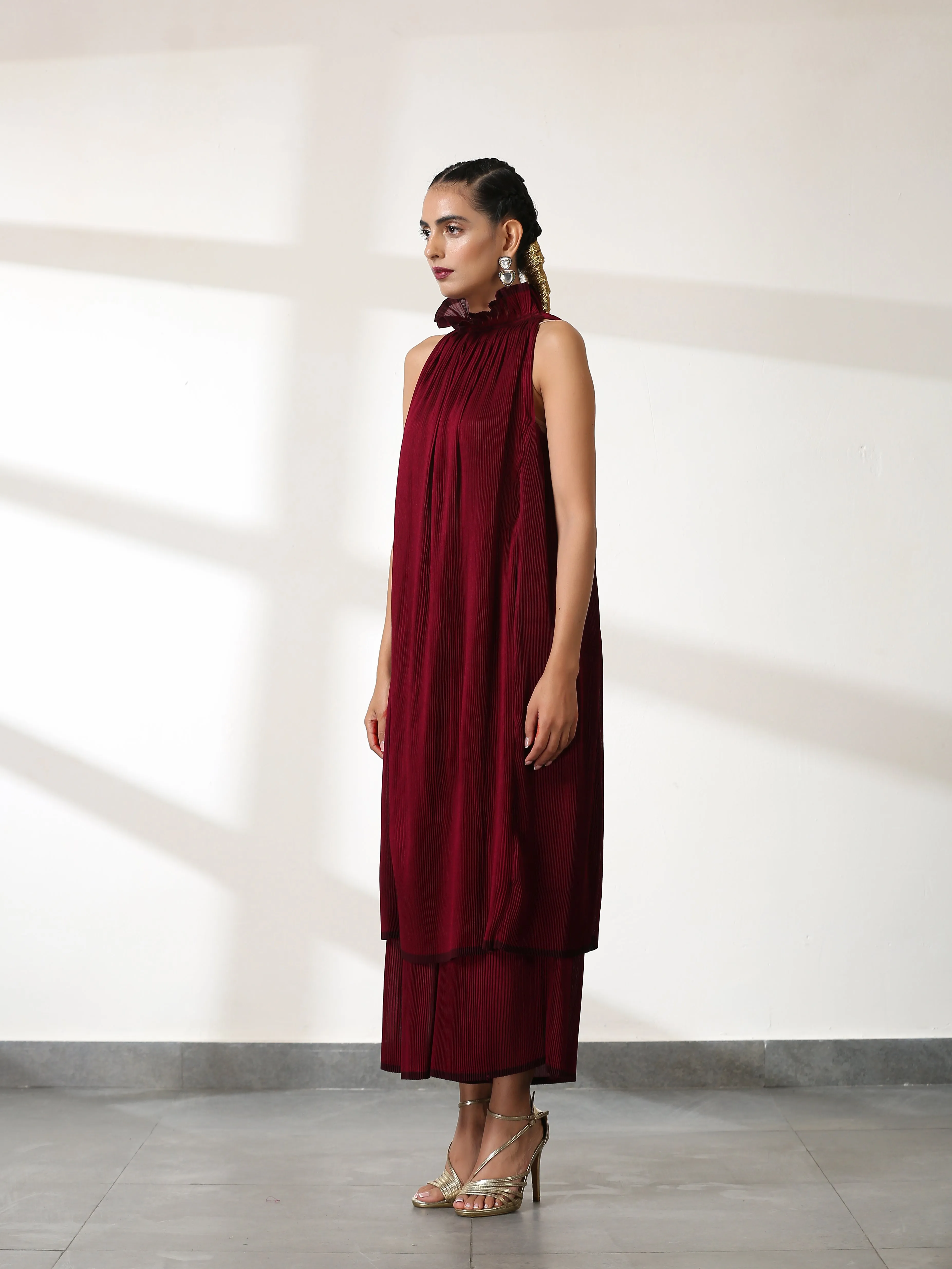 SET - Ruff Maroon Dual Colour Pleated Top & Bottom- 2pc set