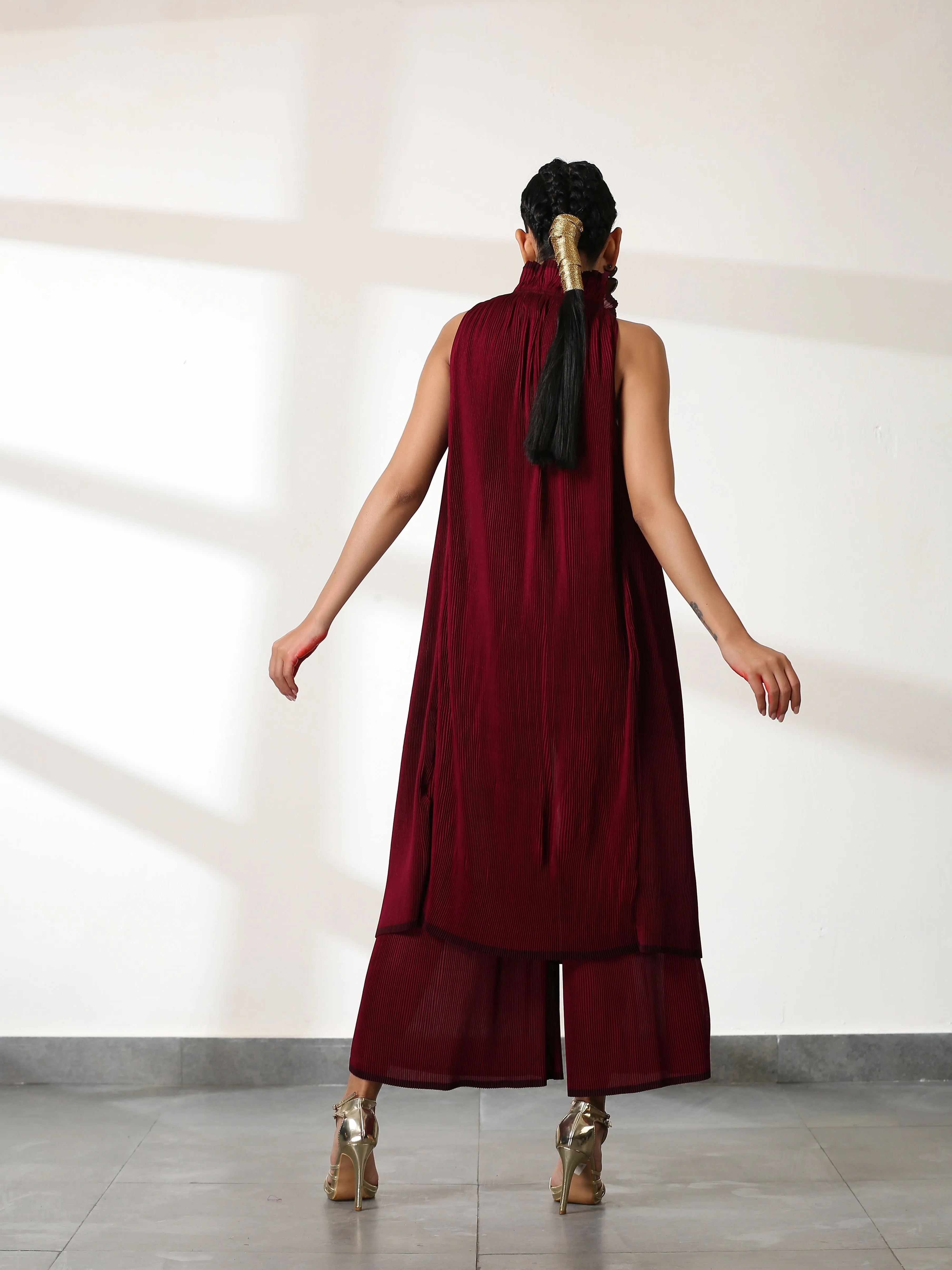 SET - Ruff Maroon Dual Colour Pleated Top & Bottom- 2pc set